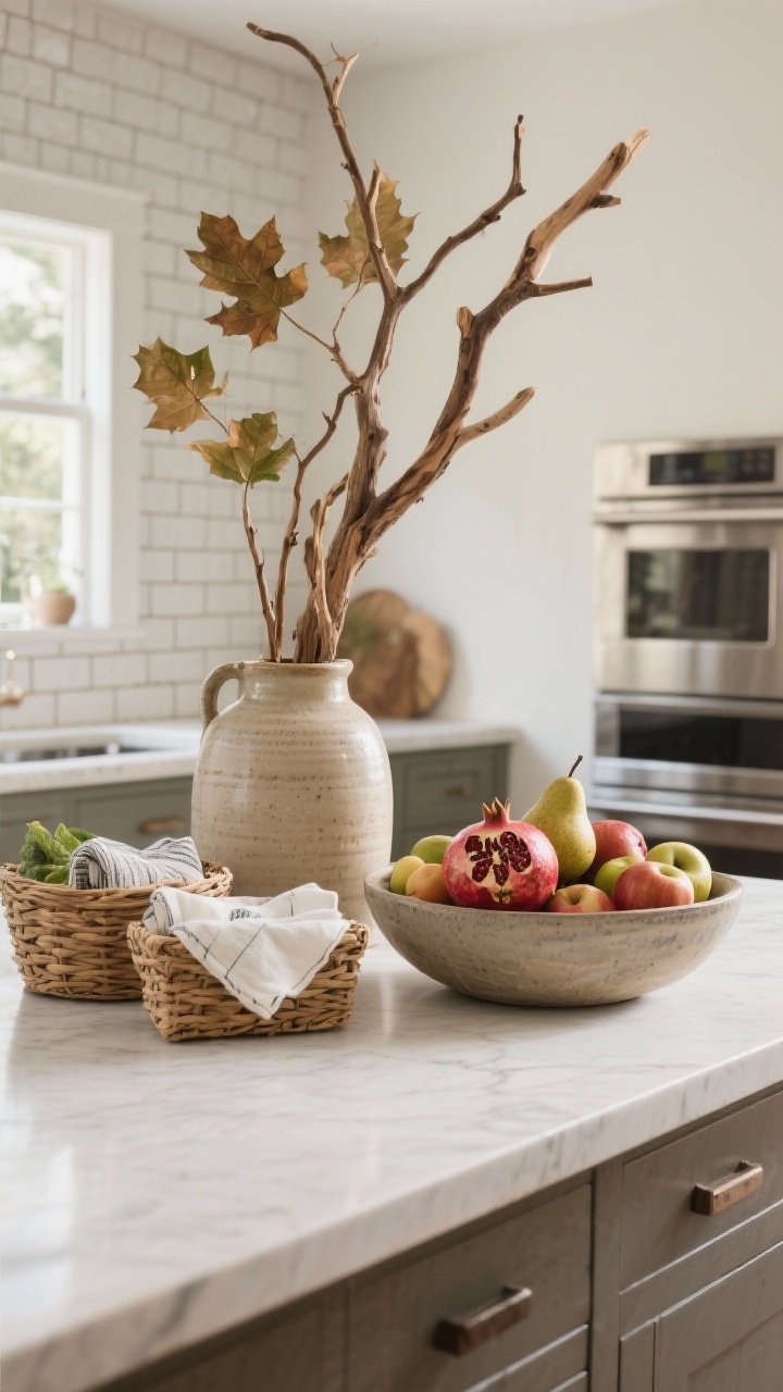 Photorealistic medium shot of a kitchen counter vignette layering natural elements: tall sculptural branches (maple or oak) in a large ceramic jug, a stoneware fruit bowl filled with pomegranates, pears, and apples, and woven baskets holding napkins and produce; organic, unfussy arrangement against tile backsplash and metal appliances to add warmth and texture; soft ambient daylight.