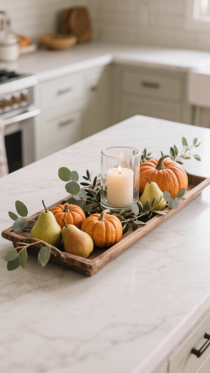 Photorealistic medium shot of a kitchen island styled with a low-profile seasonal centerpiece: a long vintage-looking wooden tray as the base, layered with mini pumpkins, ripe pears, and sprigs of eucalyptus and olive branches, plus a single candle inside a clear hurricane for spill-proof safety; keep the arrangement balanced and low so it doesn’t block sightlines, with soft natural afternoon light and a neutral, uncluttered countertop in the background.