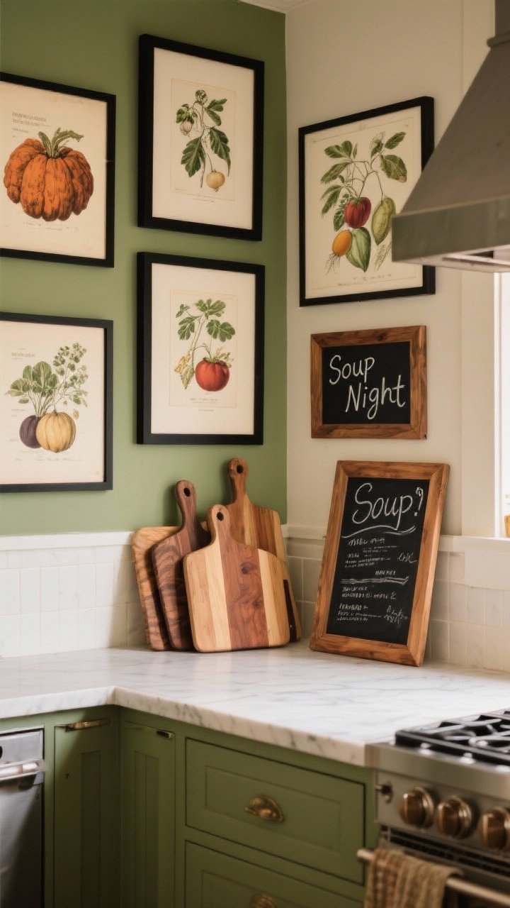 Photorealistic medium shot of a kitchen wall and counter featuring harvest-inspired art and chalkboard moments: framed vintage produce prints or botanical sketches in black or wood frames, a small chalkboard propped for a “Soup Night” menu, and layered cutting boards creating dimension on the counter; color palette grounded in greens, rusts, creams, and touches of black; even, warm lighting.