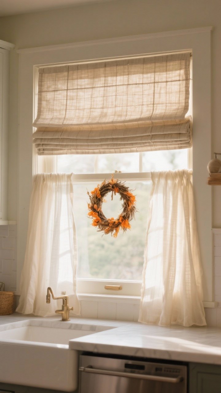 Photorealistic medium shot of a kitchen window dressed in soft layers: creamy sheer linen curtains filtering daylight, roman shades in a textured fabric (oatmeal, flax, or subtle plaid) mounted slightly higher than the frame to lift the eye, and a simple wreath or dried orange garland hung at the center; show a hint of the sill and frame, with warm, diffused natural light.