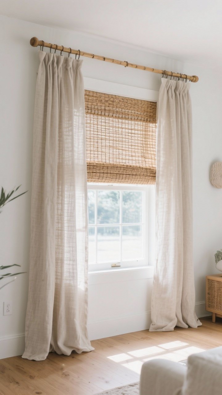 Photorealistic medium shot of a living room window showcasing layered textures: neutral linen drapes hung 8–12 inches above the frame over a bamboo woven shade, rod extended wide; drapes just kissing the floor. Natural daytime light filtering through, highlighting the linen weave and rattan/bamboo texture. Modern-cozy mood with soft echoes reduced, clean white walls, light oak floors, and subtle coastal accents. Straight-on perspective emphasizing depth and intentional layering.