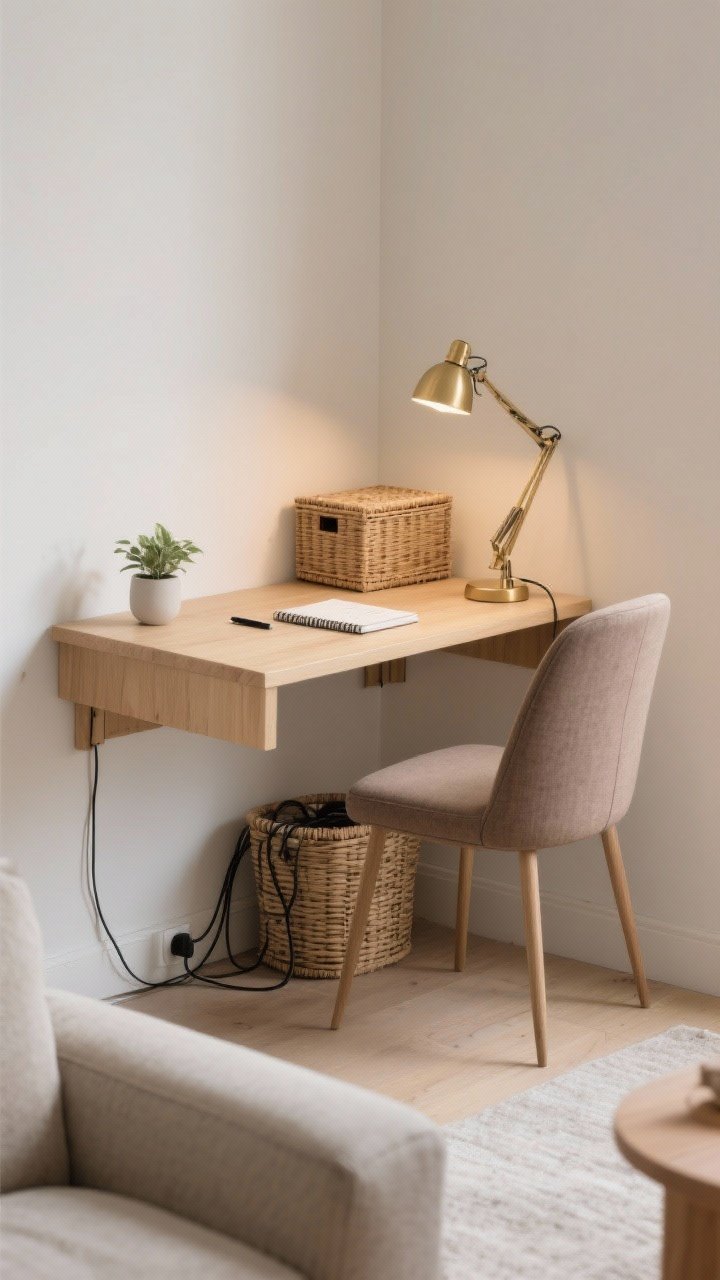 Photorealistic medium shot of a mini home office tucked into a living room corner: a compact wall-mounted corner desk in light wood, an armless upholstered chair in taupe fabric, a pretty brass task lamp defining the zone with a warm focused glow; a closed lidded woven basket beneath for hidden cords and storage; minimal decor (notebook, pen, a small plant); neutral palette, tidy cables; straight-on view.
