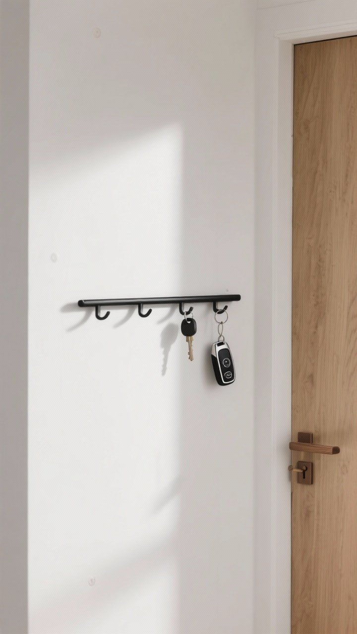Photorealistic medium shot of a minimalist entryway wall featuring a slim matte black metal rail with a few sleek matching hooks, mounted level with two visible screws; white walls, light oak door hardware matching the rail’s metal tone for a cohesive look; soft natural morning light, low visual clutter, clean lines, calm mood; a single set of house keys and a car fob hang neatly; modern, understated styling, no other decor competing in frame.