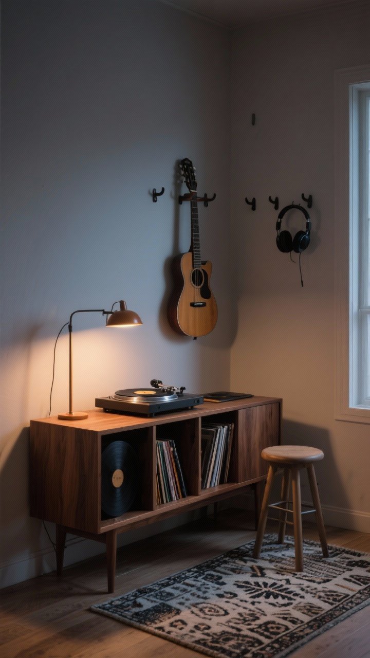 Photorealistic medium shot of a music corner: low walnut record stand/credenza with visible vinyl storage, a sleek turntable on top, warm ambient table lamp for moody listening light; wall hooks displaying a guitar and headphones; a small patterned rug layered under a simple stool to anchor the setup and aid acoustics; evening ambiance with soft shadows; corner angle view.