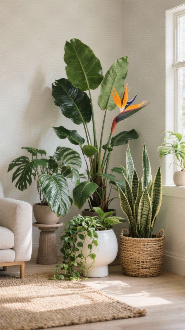 Photorealistic medium shot of a plant sanctuary in a sunlit living room corner: tall fiddle leaf fig and bird of paradise at the back, medium ZZ plant and snake plant in front, trailing pothos draping from a small pedestal; planters mixed in matte ceramic, woven basket, and smooth white glaze for texture variety; indirect natural light from adjacent window; neutral walls and jute rug; straight-on view highlighting layered heights and lush greenery.