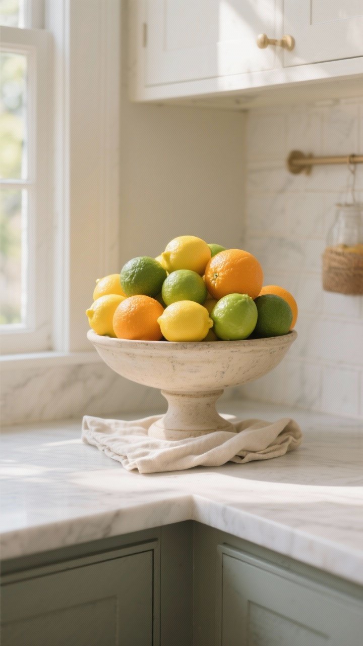 Photorealistic medium shot of a pretty produce corner: a pedestal fruit bowl centered in the counter corner overflowing with lemons, limes, and oranges for a sunny palette. A casually tucked neutral linen napkin peeks beneath the bowl. Minimal accessories, bright natural light reflecting off glossy fruit skins, crisp and vibrant.