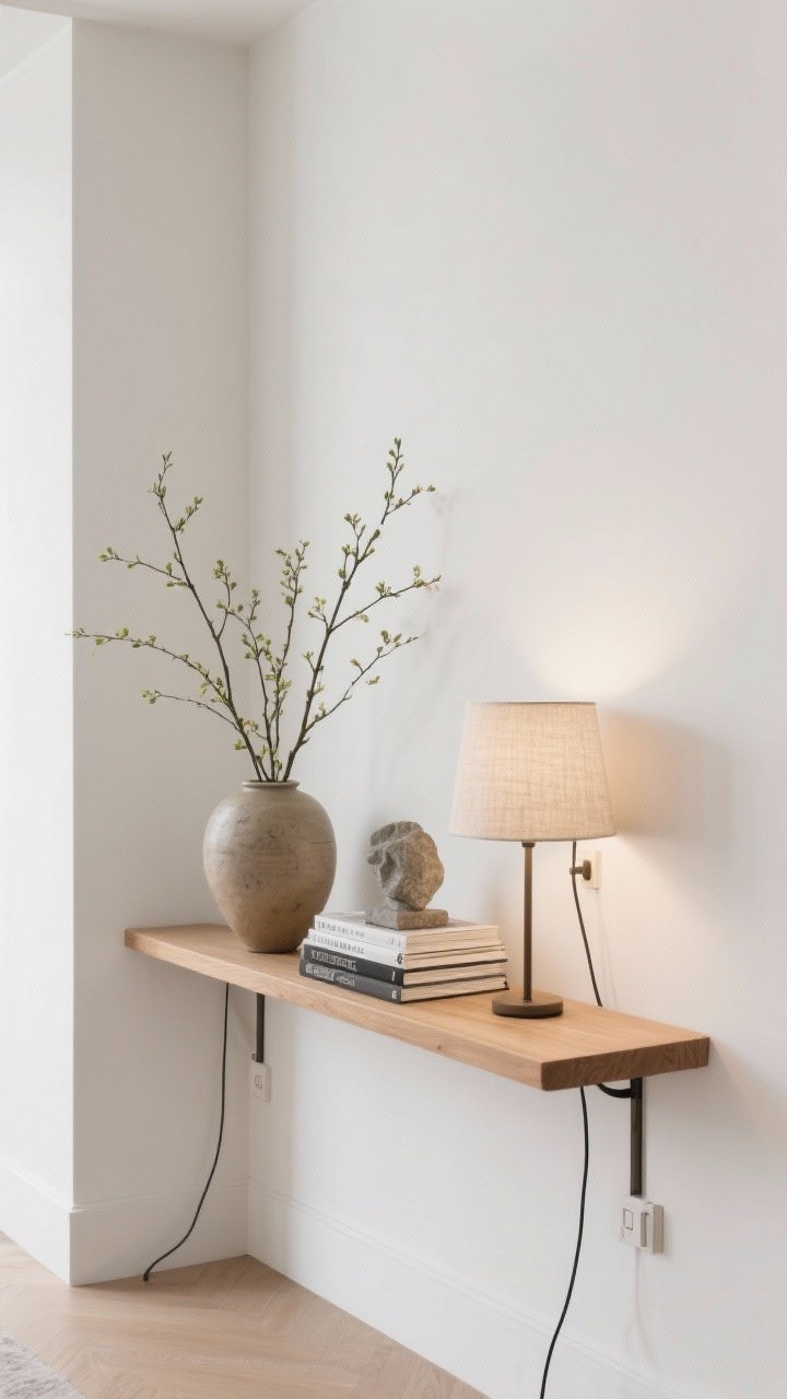 Photorealistic medium shot of a slim corner console: a narrow wall-hung console in light oak with clean lines, styled with one large ceramic vase filled with tall spring branches for height, a small stack of design books topped by a stone sculpture, and a linen-shaded table lamp casting a warm glow; adhesive cord clips keeping cables invisible; uncluttered white walls; straight-on view with gallery-like simplicity.