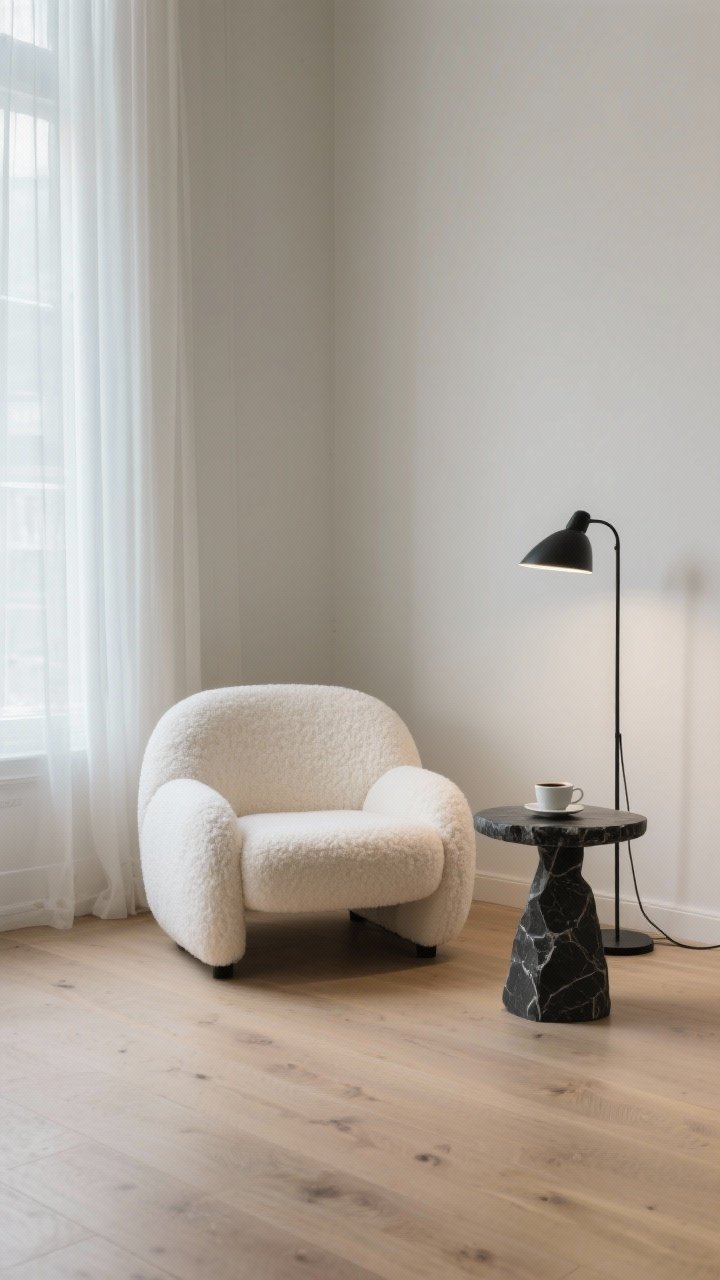 Photorealistic medium shot of a statement accent chair anchoring a corner: a sculptural teddy boucle chair in creamy white with rounded form; tiny black stone pedestal table holding a coffee cup; slim black floor lamp for balanced light; neutral walls and light oak flooring; minimalist setting with negative space around the chair; soft daylight filtered through sheer curtains; eye-level composition.