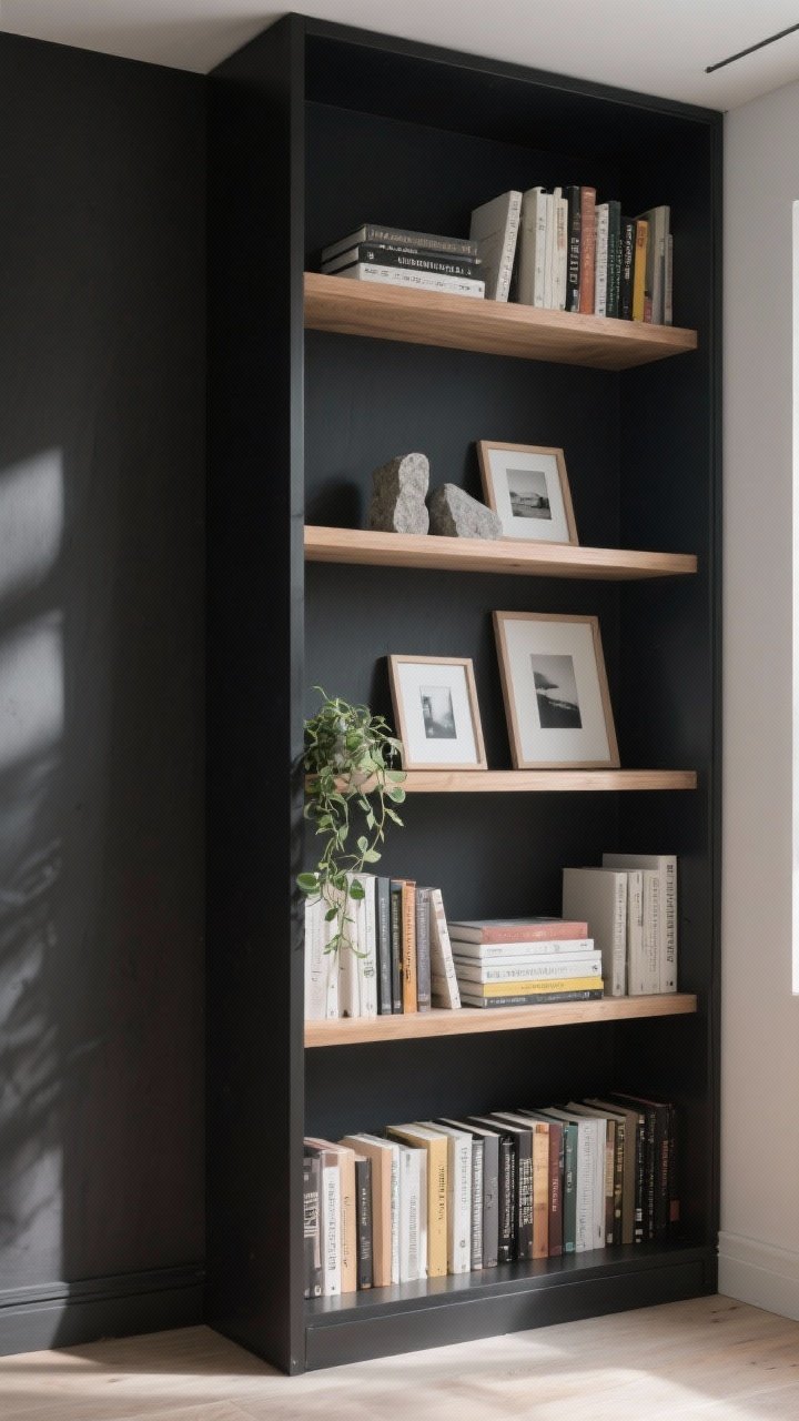Photorealistic medium shot of a tall bookcase fitted into a corner: matte black frame with wood shelves; books styled with alternating vertical and horizontal stacks, simple stone bookends, a small trailing plant, and two minimal photo frames; visible breathing room on each shelf; the back panel painted a deep charcoal for dramatic depth; natural daylight grazing across spines; straight-on view.
