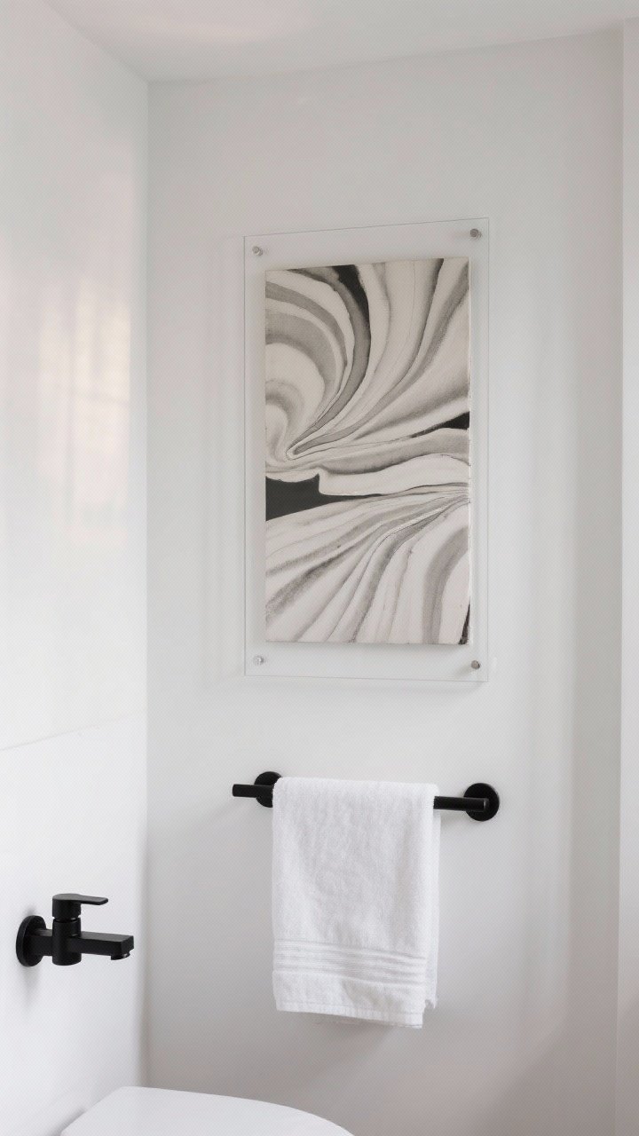 Photorealistic medium shot of a tiny modern bathroom wall with a single oversized vertical abstract art print in a neutral monochrome palette, framed in water-resistant acrylic; the piece is hung above a slim towel bar with a white Turkish towel, matte black faucet and hardware, soft diffused daylight, clean white walls, minimal styling, boutique-hotel vibe