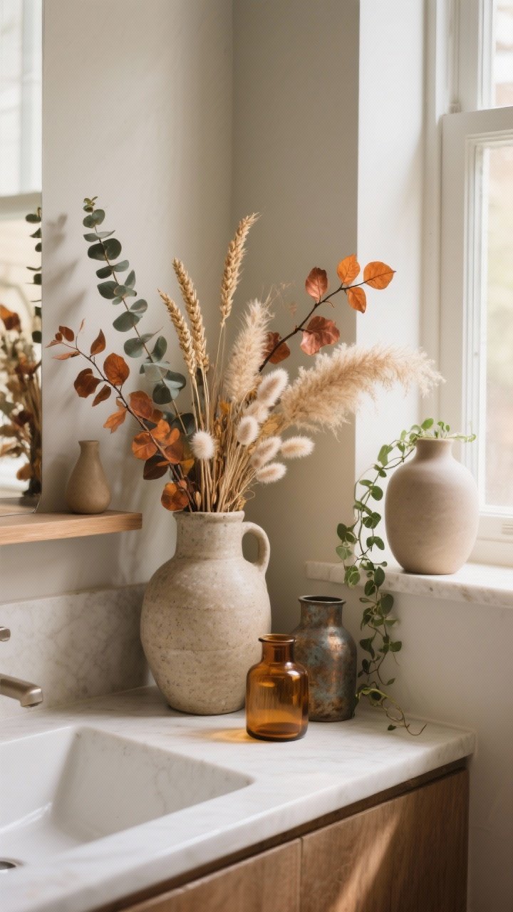 Photorealistic medium shot of natural fall elements in a bathroom: a stoneware jug on the vanity or a shelf holding branches with coppery leaves or eucalyptus; a small bundle of dried florals (pampas, wheat, bunny tails) nearby; a small trailing plant like pothos or ivy on a window ledge; neutral vessels in matte ceramic, amber glass, and aged metal; earthy, soft afternoon light enhances organic textures, corner angle.
