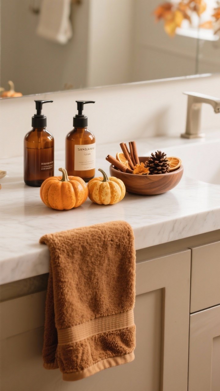 Photorealistic medium shot of subtle seasonal touches without kitsch on a bathroom vanity: amber glass bottles for soap and lotion, a velvet or corduroy-detail hand towel draped neatly, a trio of mini pumpkins or gourds in ceramic or wood, a shallow bowl of autumn potpourri (cinnamon sticks, pinecones, dried citrus), and a minimalist seasonal room spray labeled sandalwood or chai; restrained arrangement, warm neutral palette, soft morning light, no clutter.