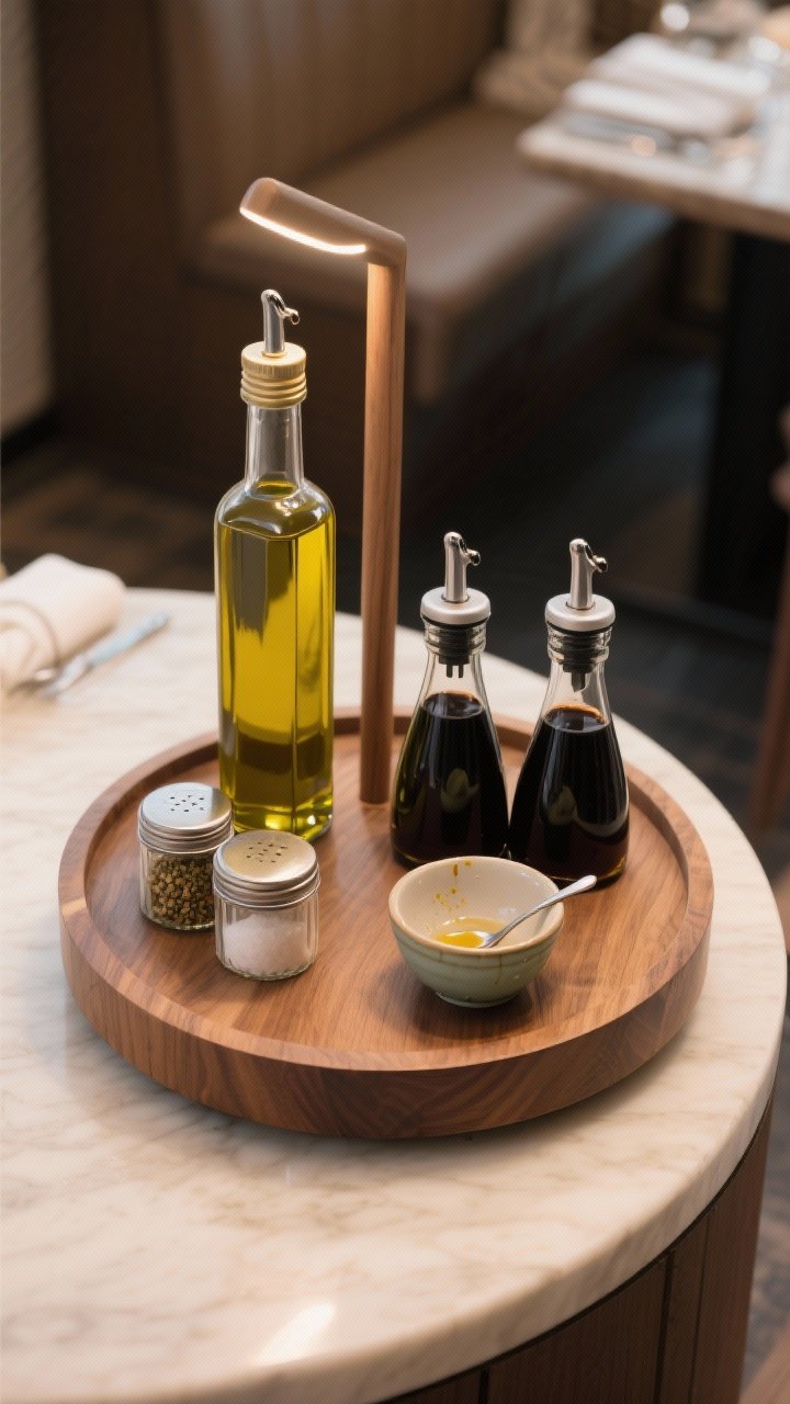 Photorealistic overhead detail of an elevated oil and vinegar station: a wooden lazy susan with tall olive oil bottle, shorter balsamic vinegar, a couple of matching decanters, tiny spice tins, and a small ceramic pinch bowl with a spoon. Subtle drips contained on the turntable, bottle height variation adds rhythm. Clean, professional, restaurant-style setup with soft task lighting.