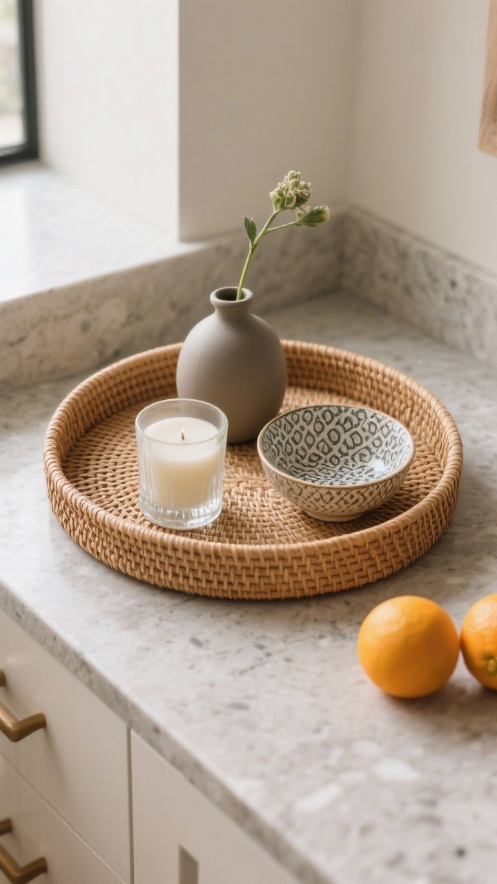 Photorealistic overhead detail shot of a decorative tray station: a round rattan tray on a stone countertop holding a matte ceramic bud vase with a single stem, a clear glass candle, and a small patterned bowl. Mixed textures—rattan, ceramic, and glass—compose a balanced rule-of-three vignette. Seasonal swap option visible with a couple of citrus fruits off to the side. Soft natural light, crisp composition.