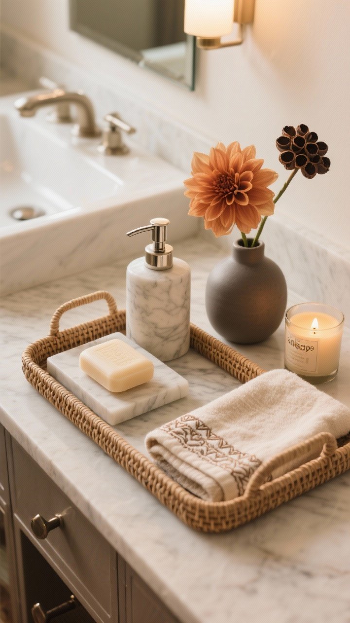 Photorealistic overhead detail shot of a “sinkscape” vignette on a vanity: a rattan or marble tray corralling items, a pretty refillable soap dispenser with fall-scented soap, a small matte ceramic vase holding a single dahlia with seed pods, a small candle, and a coordinating hand towel with a subtle pattern or embroidered edge; minimal clutter and warm, indirect light for an elevated look.