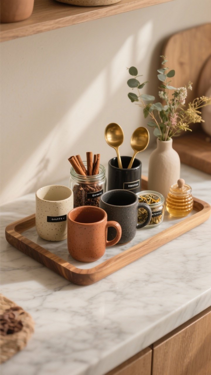 Photorealistic overhead shot of a warm-toned coffee/tea station on a counter: essentials corralled on a wood or marble tray with earthy-glazed ceramic mugs (cream, rust, charcoal, speckled stoneware), brass or black scoops resting in labeled glass jars filled with cocoa, chai, and teas, cinnamon sticks and a tiny honey jar, plus a small vase with fresh clippings; neutral backdrop, gentle morning light.