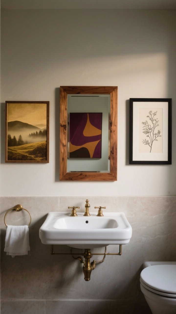 Photorealistic straight-on medium shot of a bathroom wall with seasonal art and mirror: a framed mirror with warm wood or antique brass finish centered above the sink; flanked or paired with art—one vintage landscape in golden tones or foggy hills, one abstract in deep berry, ochre, and espresso, and a botanical or line drawing in walnut or black frames; subdued, moody palette and balanced composition; gentle directional light to enhance frame warmth.