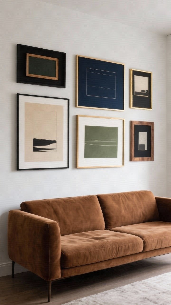 Photorealistic straight-on medium shot of a gallery wall framing a brown sofa: cohesive art with a color story of navy, beige, olive, and black; mixed frame finishes—black, wood, brass—yet harmonious art; hang artwork 6–10 inches above the back of the couch; balanced daylight to make the wall feel connected