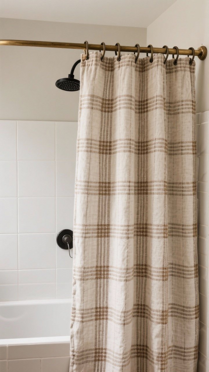 Photorealistic straight-on medium shot of a shower area where the curtain is the star: a fabric shower curtain with elegant drape in linen-cotton, pattern-forward micro-plaid or ticking stripe (muted fall tones), hung higher and wider than standard; elevated hardware with brushed brass or matte black rings on a sturdy rod; clean tile backdrop so the curtain reads like wall art; soft even lighting to show texture and tailoring.