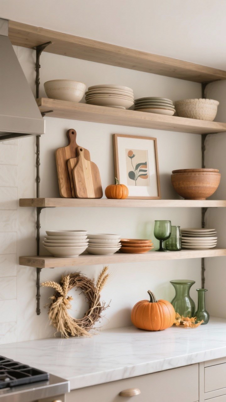 Photorealistic straight-on medium shot of open kitchen shelves styled with harvest hints: each shelf anchored by one larger piece (a stacked cutting board set, a framed art print, or a big ceramic bowl), layered with neutral dishes and a few amber or green glass pieces, plus one or two seasonal touches like a tiny pumpkin, a dried wreath, or a wheat bundle; maintain 20–30% breathing room for a calm, refined look; soft natural light.
