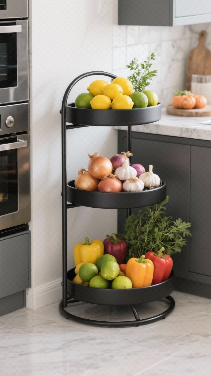 Photorealistic wide corner shot of a tiered stand for daily essentials: a two-tier black metal stand styled with color-grouped produce—bright lemons and limes up top, onions and garlic below—set in a modern kitchen. Seasonal touches like a small bunch of fresh herbs add freshness. Finishes match the hardware for cohesion. Clear vertical use of space, practical and organized.