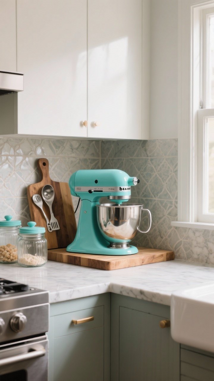 Photorealistic wide corner shot of chic appliance parking: a colorful stand mixer (muted teal) showcased as the statement piece, grounded on a thick wooden cutting board “base.” Coordinating glass jars with matching lids hold attachments and baking scoops. Neutral stone countertop, subtle backsplash pattern. Bright, clean daylight, functional yet styled.