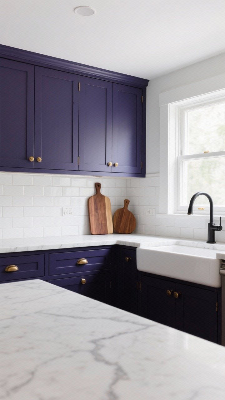 Photorealistic wide kitchen shot showcasing moody navy shaker-style lower and upper cabinets in a neutral, non-purple navy, paired with warm brass pulls and knobs; crisp white walls and a glossy white subway tile backsplash create high contrast; white quartz countertops with subtle gray veining; a walnut cutting board and warm walnut accents for balance; matte black faucet; soft, even natural daylight from a side window; clean, modern styling with smudge-hiding finish emphasized; straight-on perspective.
