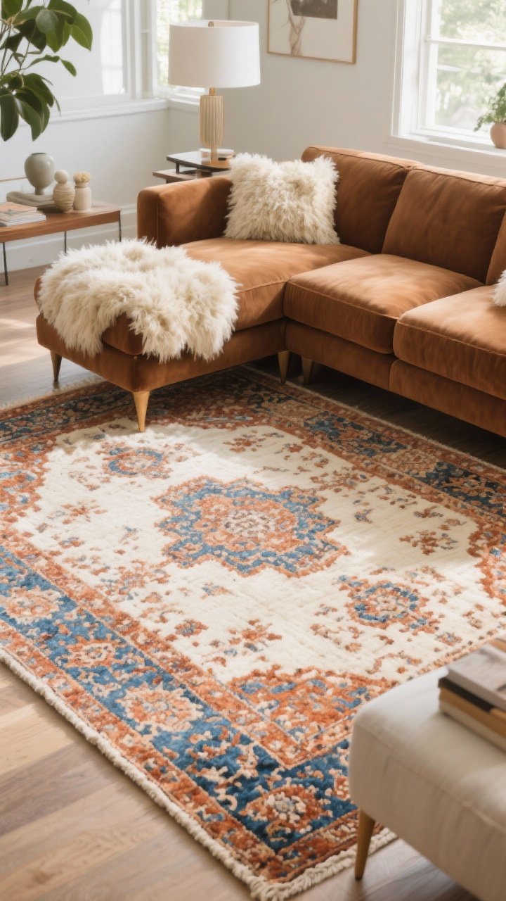 Photorealistic wide overhead shot of a living room where a statement rug anchors a brown couch: rug sized so the sofa’s front legs rest on it; choose a cream-and-terracotta or blue vintage-style pattern, with rust-and-ivory accents nearby; add a plush shag or high-low pile texture for cozy depth; bright daytime lighting