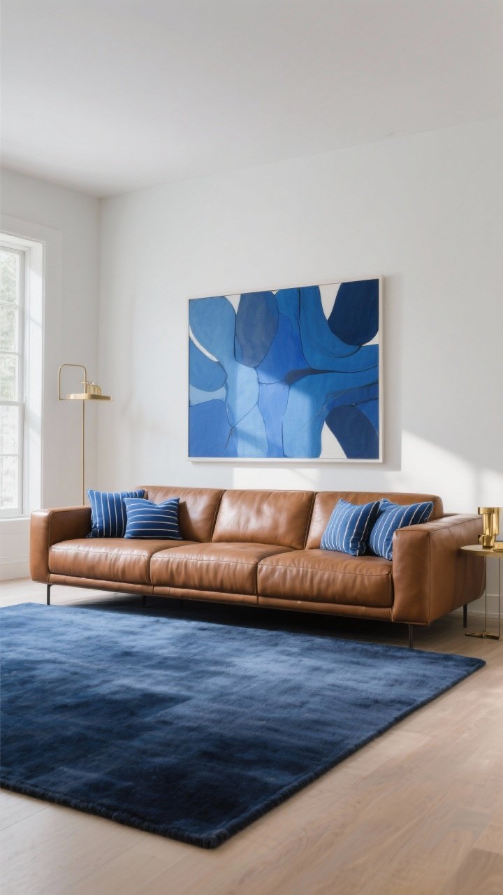 Photorealistic wide shot featuring a brown leather couch balanced with blues: a navy rug, blue abstract art above the sofa, and striped blue pillows; include a hint of brass accent for polish; cool, calm daylight to underscore the serene earth-and-sky palette