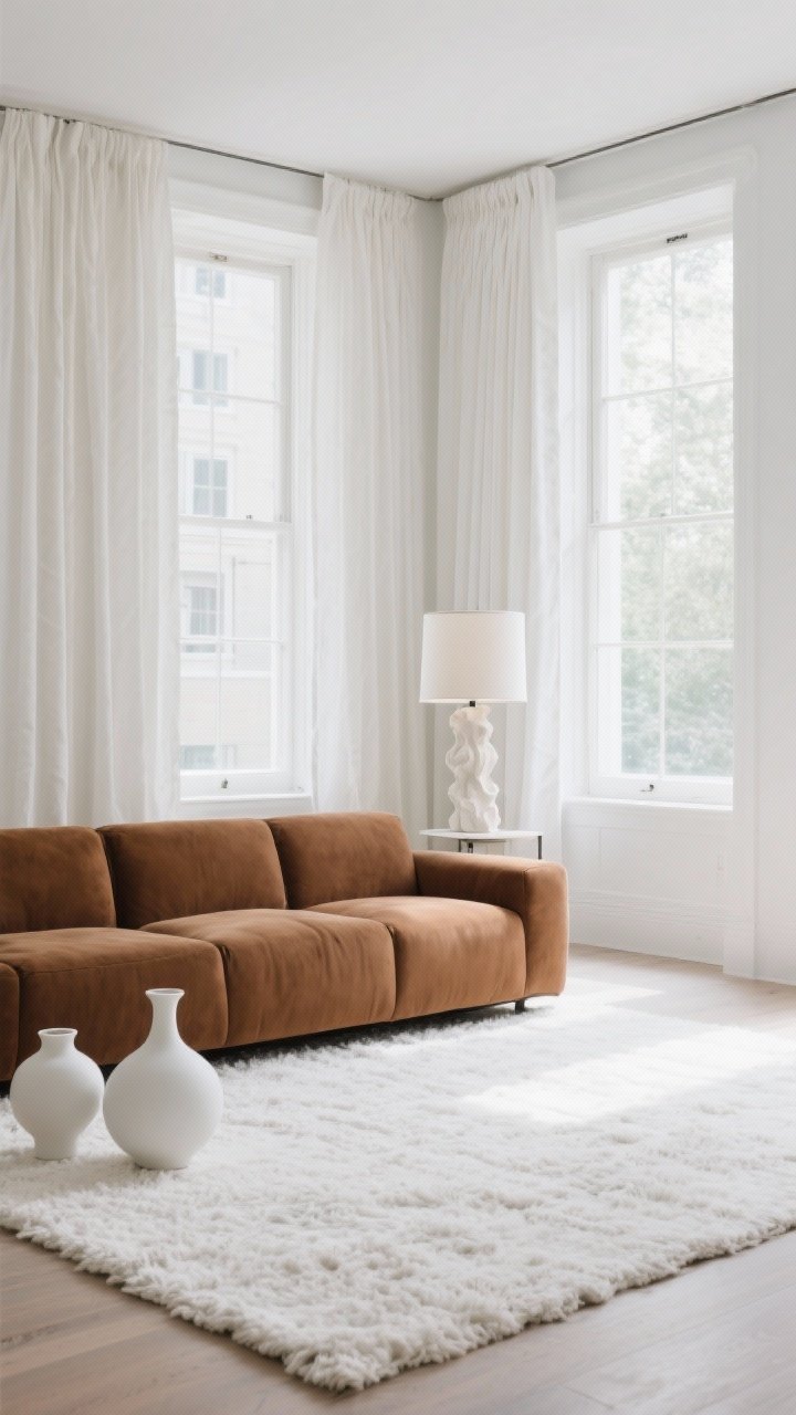 Photorealistic wide shot of a brown couch contrasted by crisp whites: bright white walls, an ivory linen curtain paneling large windows, and a white textured rug underfoot; style with white ceramic vases and a plaster lamp for sculptural contrast; daylight flooding the room for a clean, fresh look that makes the couch pop