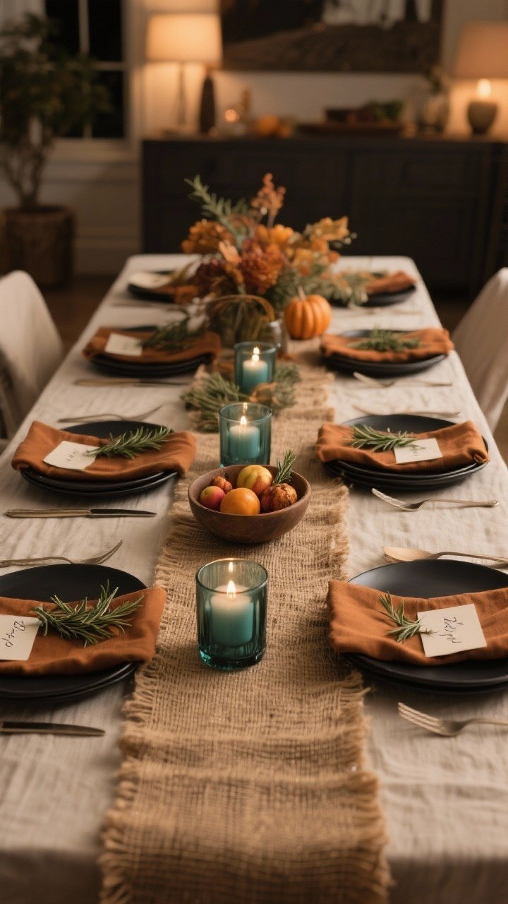 Photorealistic wide shot of a casually set, everyday-use fall table: a natural-texture runner (linen, jute, or thick cotton), stacked plates in cream and matte black for contrast, simple cloth napkins in a fall tone, and a low centerpiece of glass tealights or a small bowl of seasonal fruit; add a subtle special detail like sprigs of rosemary on napkins or handwritten place cards; warm evening ambiance, no towering arrangements.
