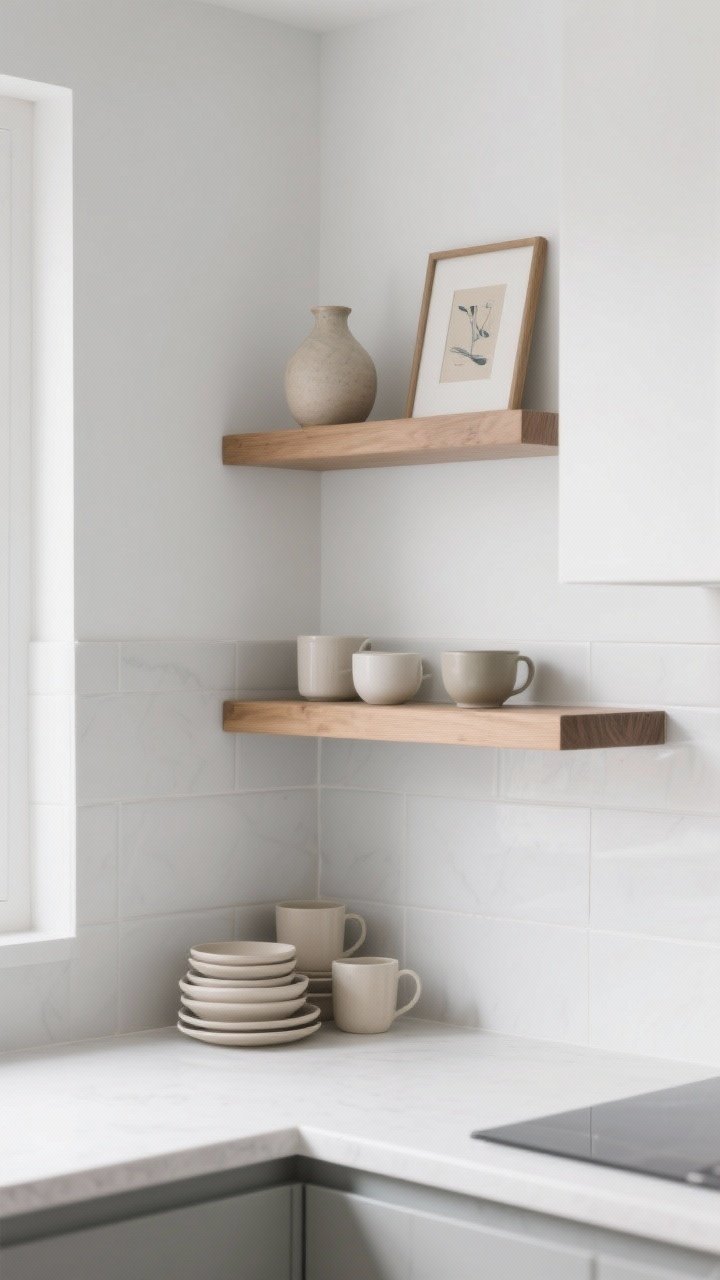 Photorealistic wide shot of a floating shelf tower in a tight kitchen counter corner: two narrow shelves mounted just above backsplash height. Palette limited to white, soft gray, and natural wood. Lower shelf stacks neutral mugs and bowls; upper shelf stands a small ceramic vase and a framed mini art piece. Negative space intentionally left for a calm, airy feel. Even daylight, sleek lines.