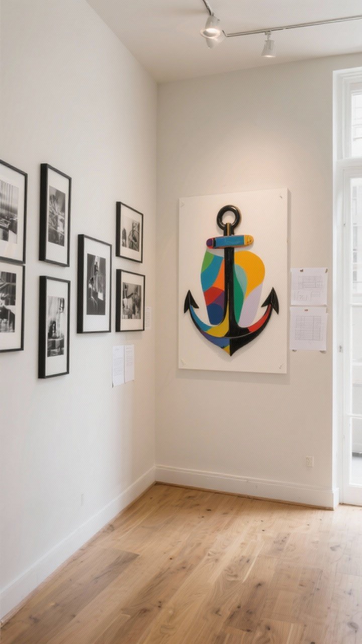 Photorealistic wide shot of a “gallery corner” with art wrapping around the corner: one large anchor piece (colorful abstract) on one wall, flanked by black-and-white photography in cohesive slim black metal frames extending across both walls; paper templates taped lightly on nearby open space to suggest planning; light neutral walls, oak floors; daylight illumination; captured from the corner looking outward to show the wrap-around effect.