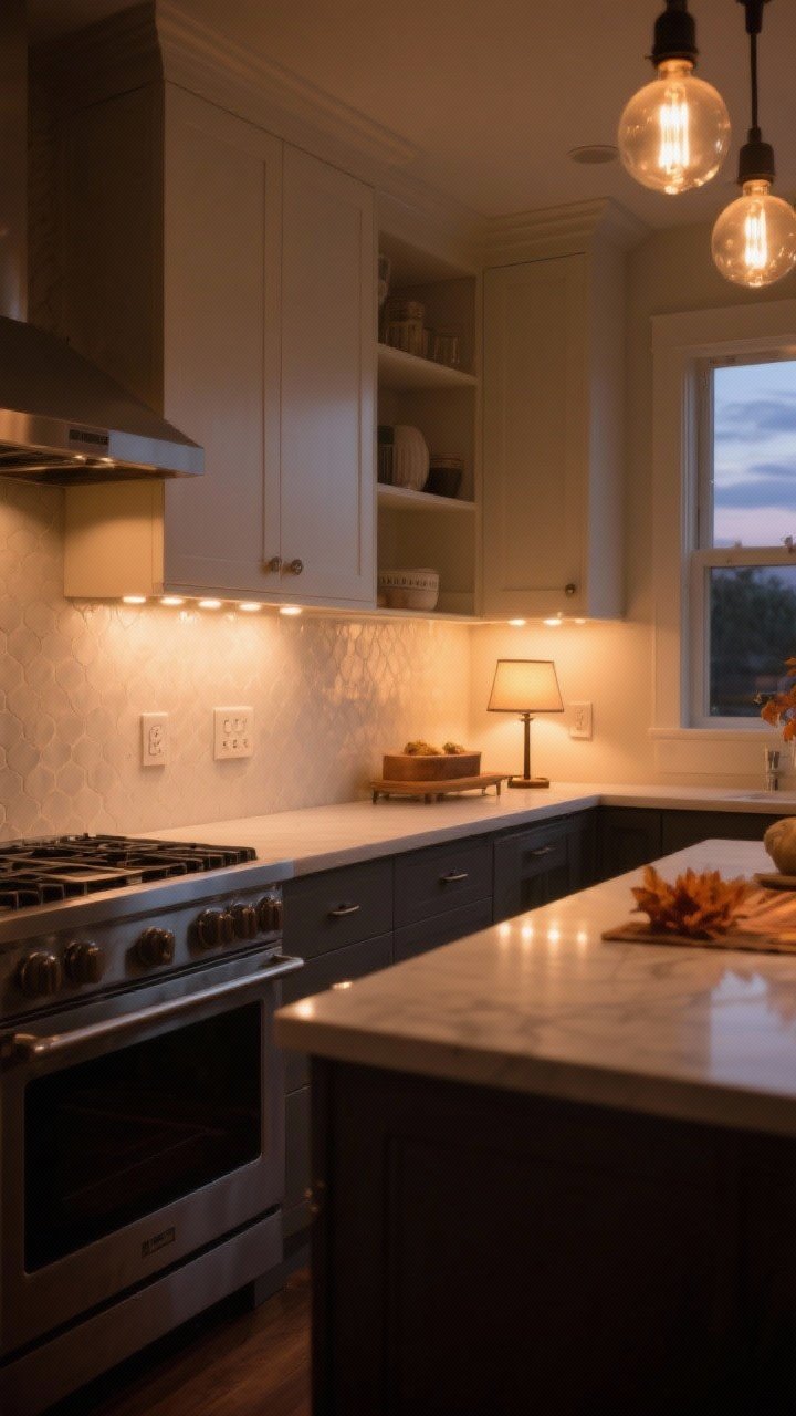Photorealistic wide shot of a kitchen with warm lighting: bulbs set to 2700K–3000K casting a soft, flattering glow; under-cabinet lighting or rechargeable puck lights illuminating the backsplash; a small table lamp on a counter or buffet adding cozy fall ambiance; include visible dimmer switches and avoid harsh white light; evening scene with gentle shadows.