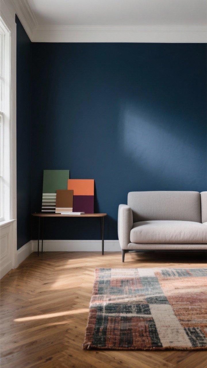 Photorealistic wide shot of a living room with a single bold accent wall painted in inky navy behind a modern low-profile sofa; matte finish to reduce glare in a small-space setting; smoky green, terracotta, deep plum, and warm taupe samples on paint swatches resting on a nearby console; undertone harmony shown via a warm oak floor and a rug that ties into the wall color; soft natural afternoon light, minimal decor so the color shifts the room’s mood.