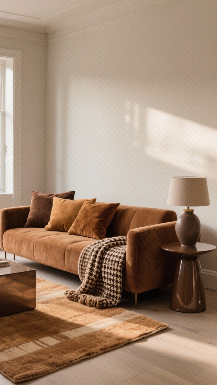 Photorealistic wide shot of a monochrome living room centered on a brown couch, styled head-to-toe in shades of brown, caramel, tan, and taupe; layer a tan wool rug, chunky knit throw, and suede and velvet pillows in camel and mocha; include a lacquered side table paired with a matte ceramic lamp; add subtle houndstooth and tone-on-tone stripe patterns; soft, warm natural light to emphasize varied textures