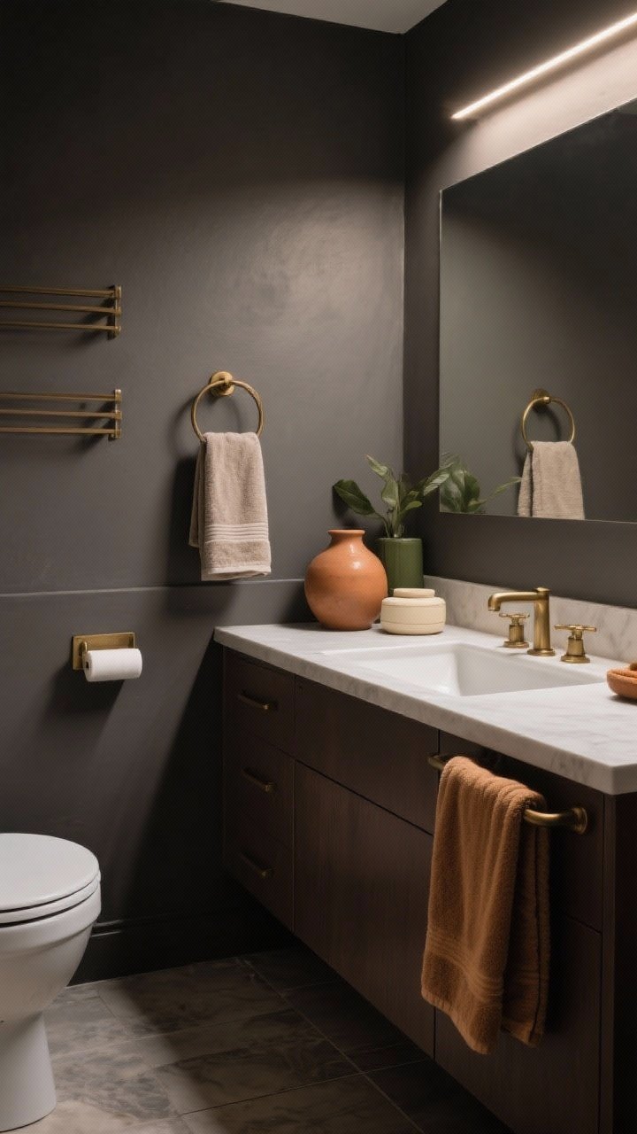 Photorealistic wide shot of a moody bathroom showcasing autumn neutrals without bright pumpkin tones: walls in soft charcoal, towels and a small ceramic vase in clay, cream accessories on the vanity; olive accents with brass hardware and linen hand towels, or alternatively an espresso vanity with camel towels and crisp white sink; matte finishes on paint and fixtures to read extra cozy; soft, diffused side lighting for a tonal, sophisticated ambiance, straight-on perspective.