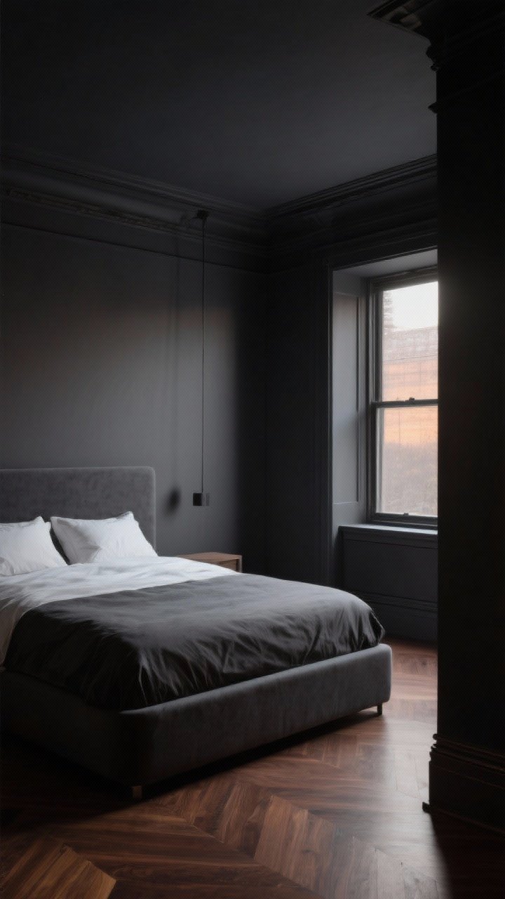 Photorealistic wide shot of a moody bedroom with charcoal matte walls and a slightly lighter matte charcoal ceiling for a cocoon effect; subtle evening light from a window reveals depth-shifting tones; include warm espresso wood floors and baseboards; no artwork, just smooth walls showcasing the velvety eggshell finish and rich shadow play.