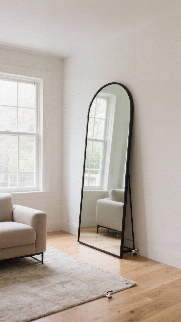 Photorealistic wide shot of a tall arched mirror leaned into a living room corner: black metal frame, placed opposite a large window to bounce natural light; bright, airy feel with reflections extending the space; light wood floors, neutral rug; subtle safety bracket visible if inspected closely; shot from across the room to show light-doubling effect and corner placement.