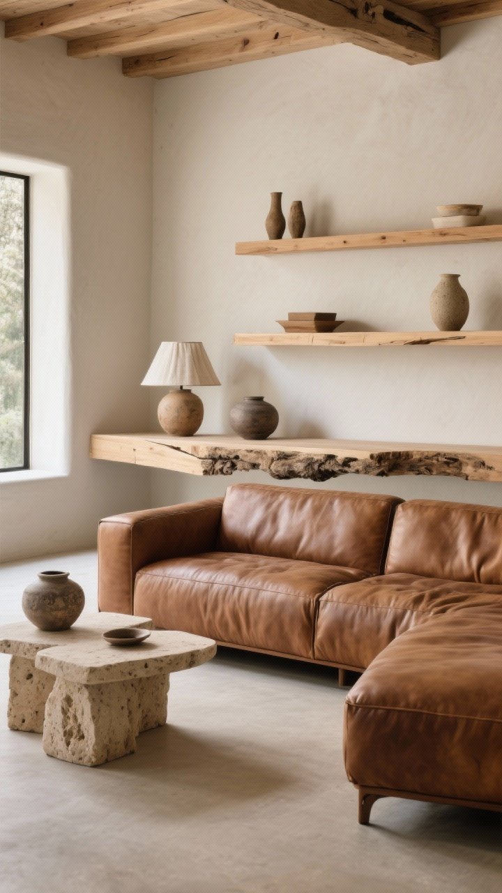 Photorealistic wide shot of an organic modern scene with a brown (rustic or leather) sofa: light oak shelves and/or a live-edge console, travertine or limestone side tables, textured pottery, and linen lampshades; clean lines, natural materials, minimal fuss; warm, even lighting for elevated boutique-hotel calm