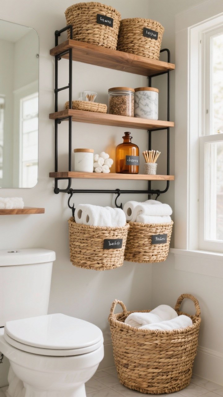 Photorealistic wide shot of bathroom storage elevated for fall: woven seagrass or water hyacinth baskets holding extra towels and toilet paper; amber apothecary jars labeled for cotton rounds, bath salts, and matches on a shelf; wood or marble canisters for small items; an over-the-toilet shelving unit in black metal or warm wood adding vertical storage; cohesive materials and subtle labels; clean, bright natural light for an organized yet cozy feel.
