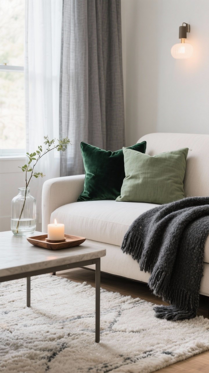 Split-season detail shot: A styled sofa corner showing easy seasonal swaps. Winter: charcoal wool throw, dark green velvet pillow, candlelight on a small wood tray. Summer: swap to sage linen pillow, sheer grey curtain visible behind, a simple botanical stem in a glass vase on the table. Neutral rug remains constant. Soft natural light for summer; warm ambient light for winter. Mood: adaptable, cozy to airy.