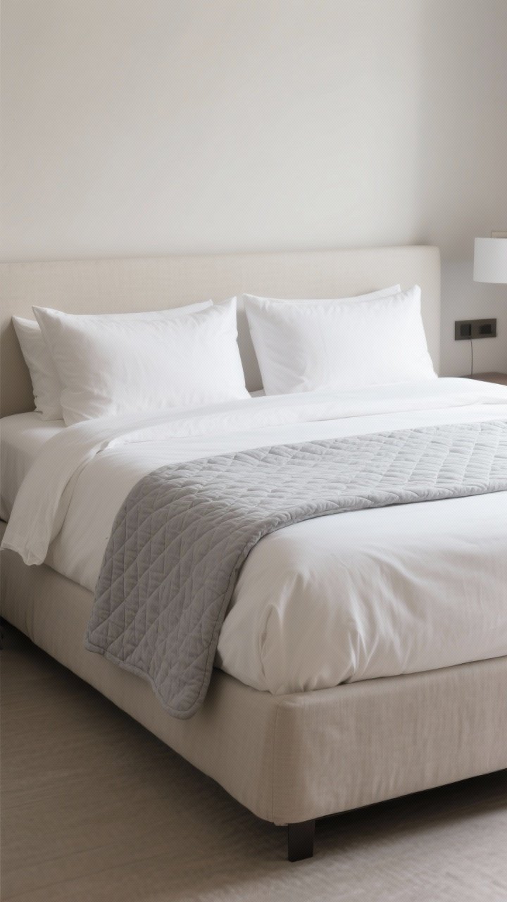 Straight-on bed vignette: Hotel-calm minimalist bedding with neutral linen sheets, a duvet, two sleeping pillows plus two euro shams arranged simply, and one texture pop via a light gray quilted coverlet folded at the foot; tones within the same family for harmony; soft, even daylight, photorealistic.