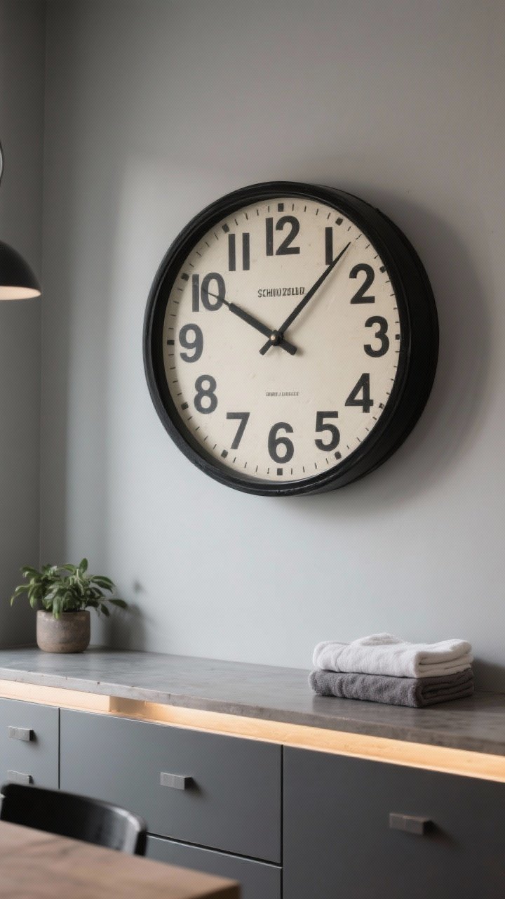 Straight-on detail/medium shot of an oversized wall clock centered above a folding counter: retro schoolhouse style with bold, easy-to-read numerals and a silent sweep second hand; matte black frame against a soft gray wall; subtle under-cabinet and ambient lighting for clarity in a slightly dim space; folded towels and a small plant below.