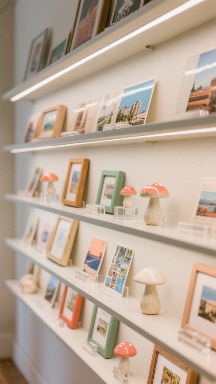 Straight-on detail of a curated collection display: narrow picture ledges holding layered travel postcards, tiny frames, and a few ceramic mushrooms; tight color palette of coral, sage, and cream for cohesion; vary heights and object shapes so the eye dances; include a couple of acrylic risers to elevate small items; even, museum-like shelf lighting.