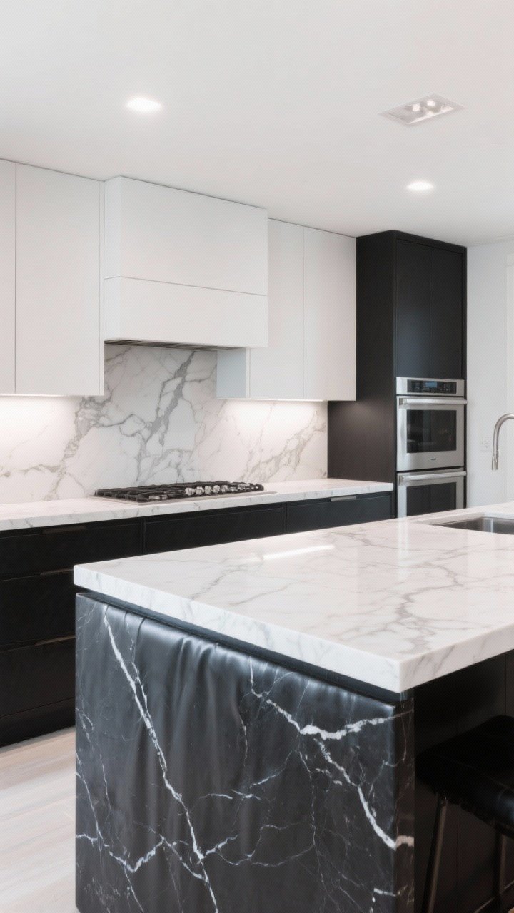 Straight-on medium: Countertop showcase—white quartz with subtle gray veining on the perimeter, black leathered granite on the island with a waterfall edge; white uppers and black lowers frame the scene; matching stone slab backsplash behind the range for a seamless look; bright, clean task lighting highlighting surfaces.