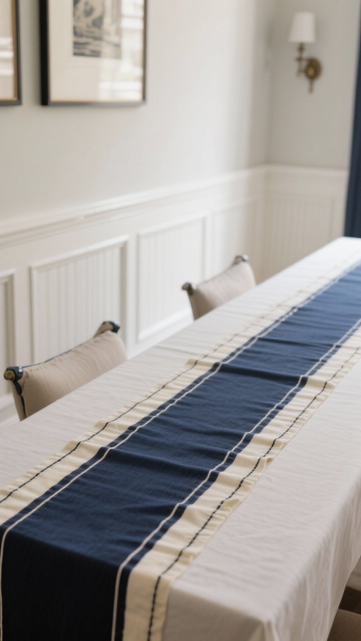 Straight-on medium shot: A bordered runner with crisp tailoring—choose a contrast navy-and-ivory border for classic appeal. Match the border color to nearby hardware and trim for cohesion. Add framed art and simple wainscoting to echo the structured lines. Clean, evenly lit scene for a polished, curated finish.