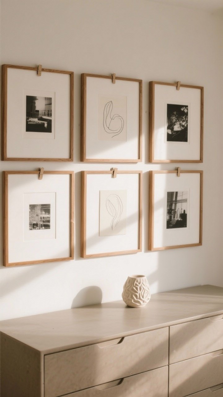 Straight-on medium shot: A calm gallery wall above a dresser with evenly spaced frames (2–3 inches apart), all in thin oak frames and white mats; mix of black-and-white photography, minimalist line art, and a small dimensional ceramic relief. Neutral palette, warm afternoon light, stick-on hanger tabs peeking behind a frame on the dresser surface, layout feels balanced and curated.