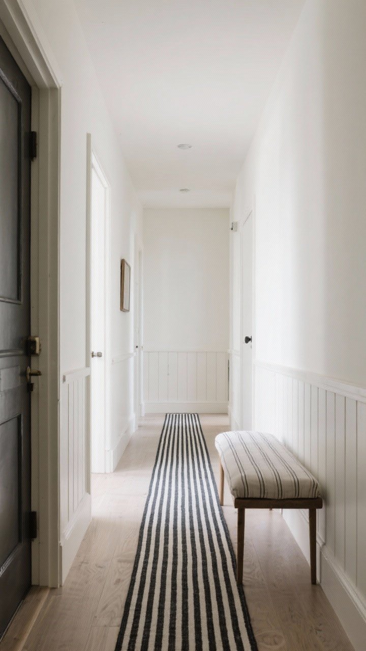 Straight-on medium shot: A crisp entry with a narrow black-and-white striped runner visually elongating a compact hallway. Pair with a simple bench featuring a ribbed cushion and subtle wall paneling that echoes the stripe theme. Neutral walls, bright even lighting, and minimal decor for instant energy without overwhelm.