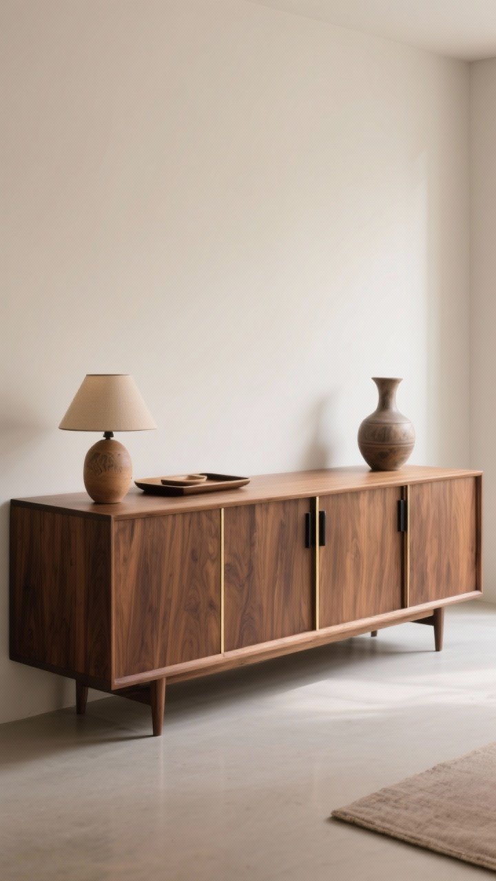 Straight-on medium shot: A low, long walnut credenza with sliding doors, warm wood grain, and slim brass or matte black hardware; styled minimally with a pottery lamp, a tray, and a sculptural ceramic vase; clean lines and generous negative space; soft side lighting emphasizing grain, photorealistic.